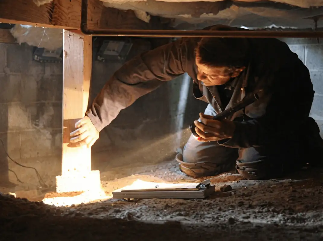 A professional inspecting wooden beams under the floor of a structure in Dallas, TX